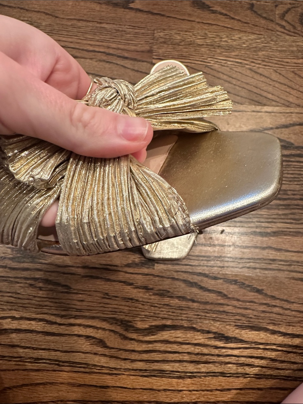 VGUC Loeffler Randall Metallic Gold Knotted Bow Slide Sandal - Picture 2 of 4